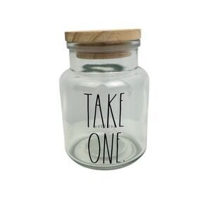 Rae Dunn‎ Take One Glass Jar Wood Lid Apothecary Hair Ties Q-Tips Cotton Balls